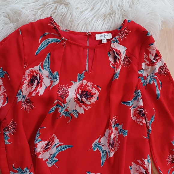 {Umgee} Red Floral Split Sleeve Tunic Dress - Picture 2 of 5